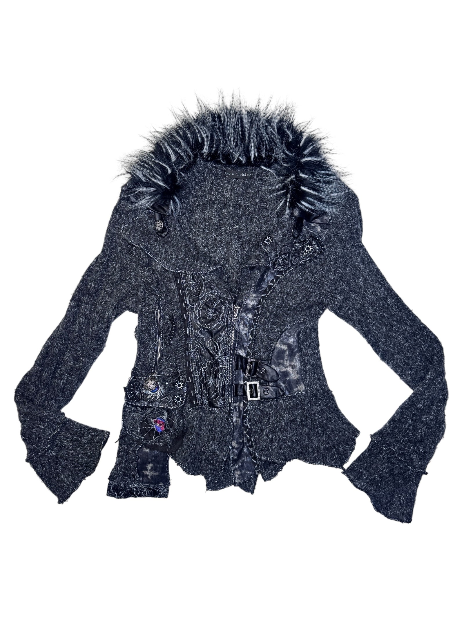 Vintage 2000s Y2K Grey Knit Zip Up Sweater with Fuzzy Collar and Buckle Details | Size L-XL