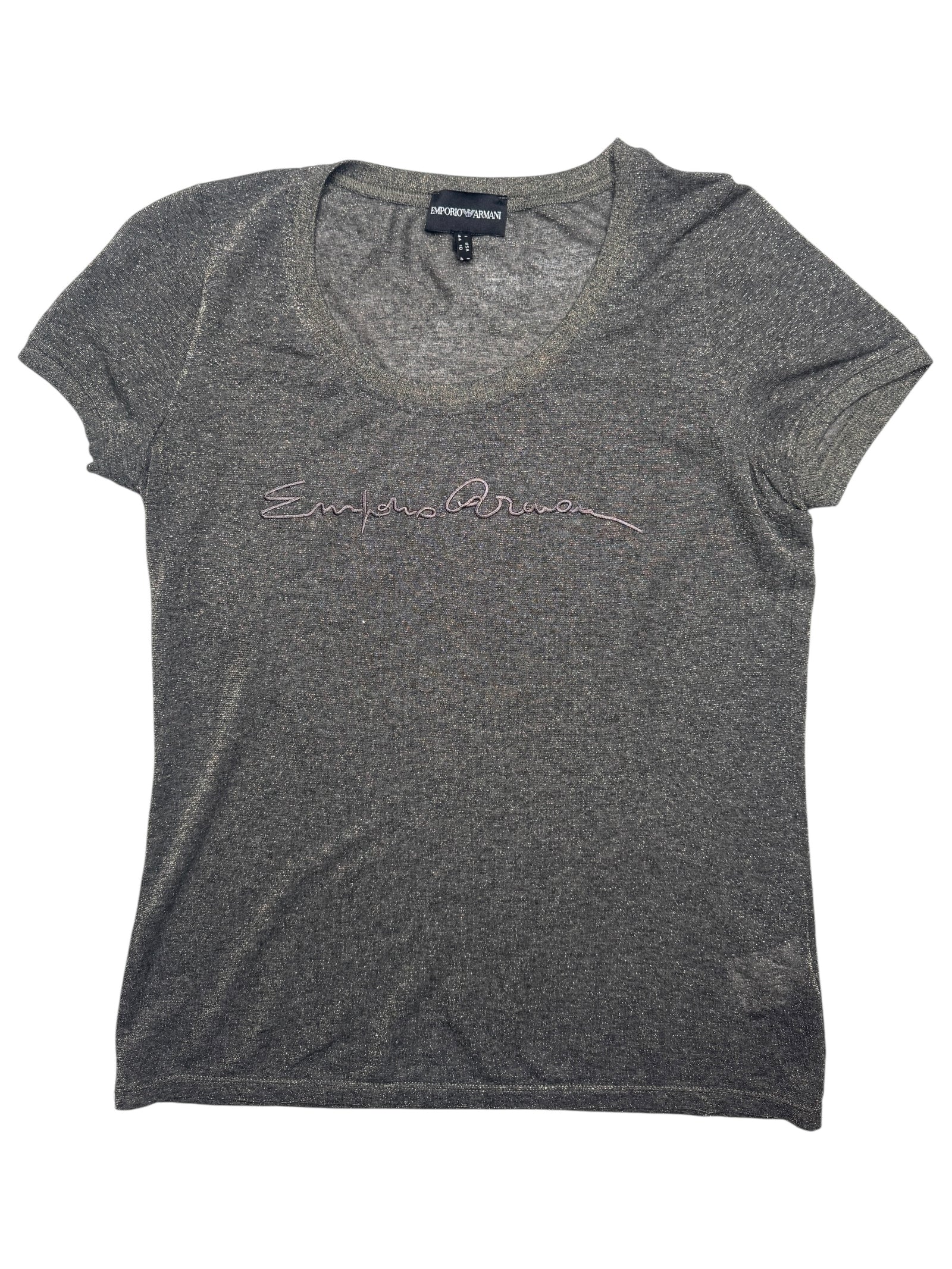 Vintage 2000s Y2K Emporio Armani Grey & Gold Sparkle Metallic Short Sleeve Scoop Neck T-Shirt  | Size M