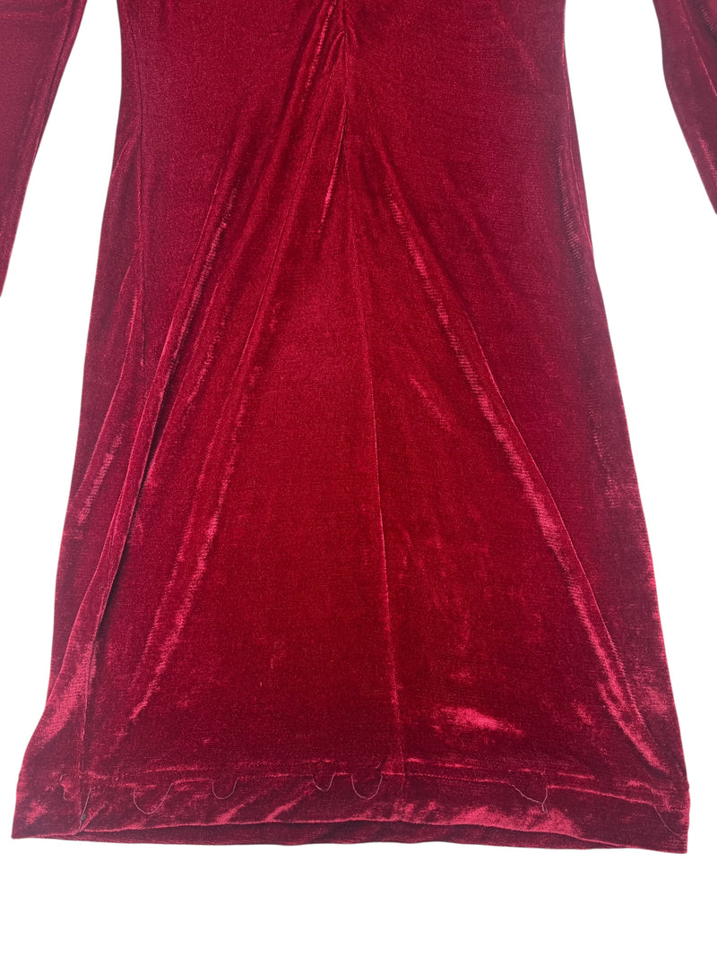 Vintage 80s Rocco Barocco Red Velvet Mockneck Long Sleeve Formal Dress with Mesh Cutout | Size XL