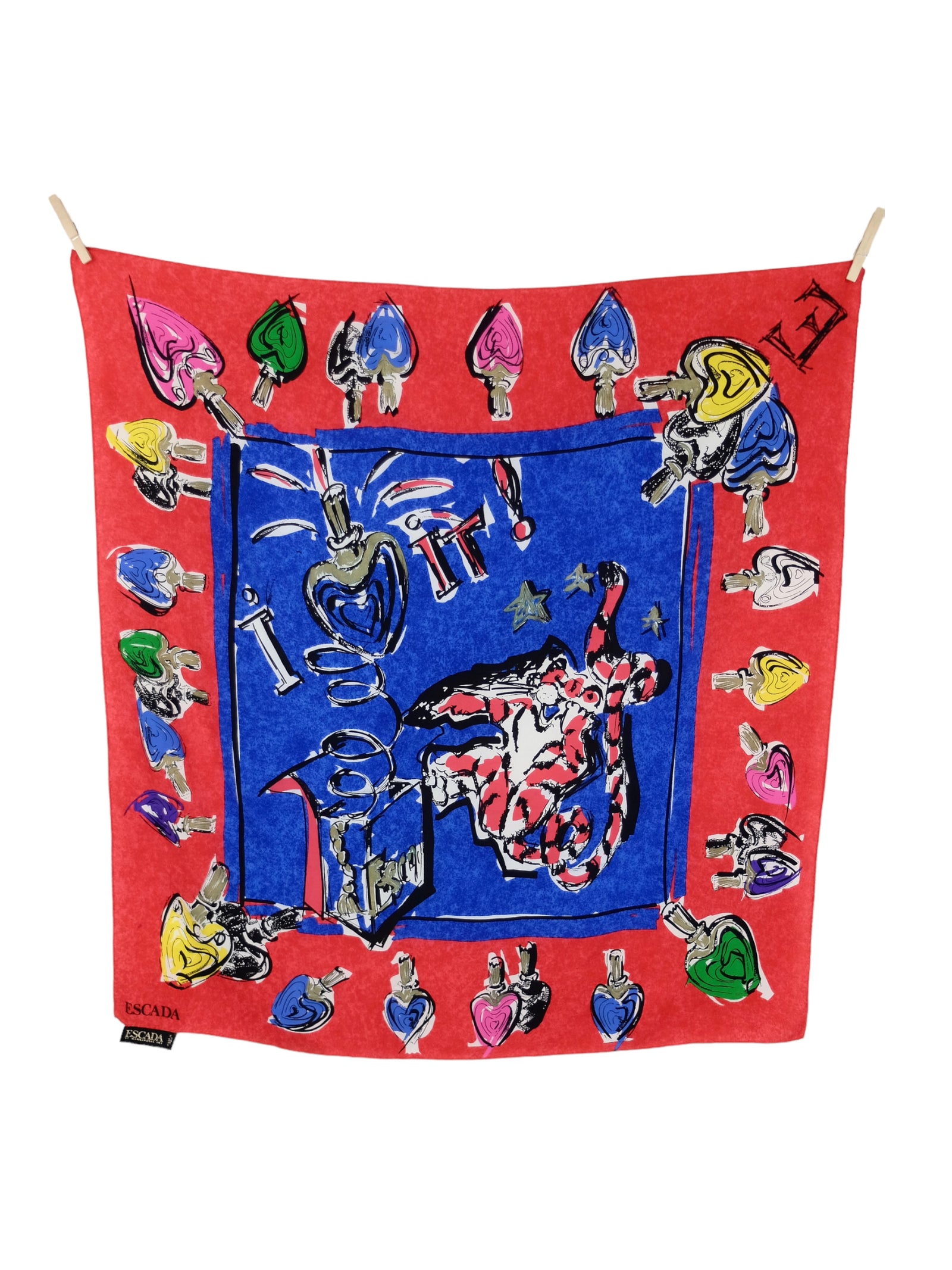 Vintage 2000s Y2K Escada Designer Chic Silk Large Funky Abstract Graphic Print Bright Red & Blue Square Bandana Neck Tie Scarf