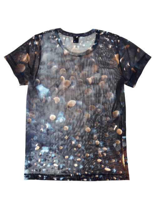 Y’S by YOHJI YAMAMOTO Blue & Brown Abstract Short Sleeve Mesh Top | Size S-M