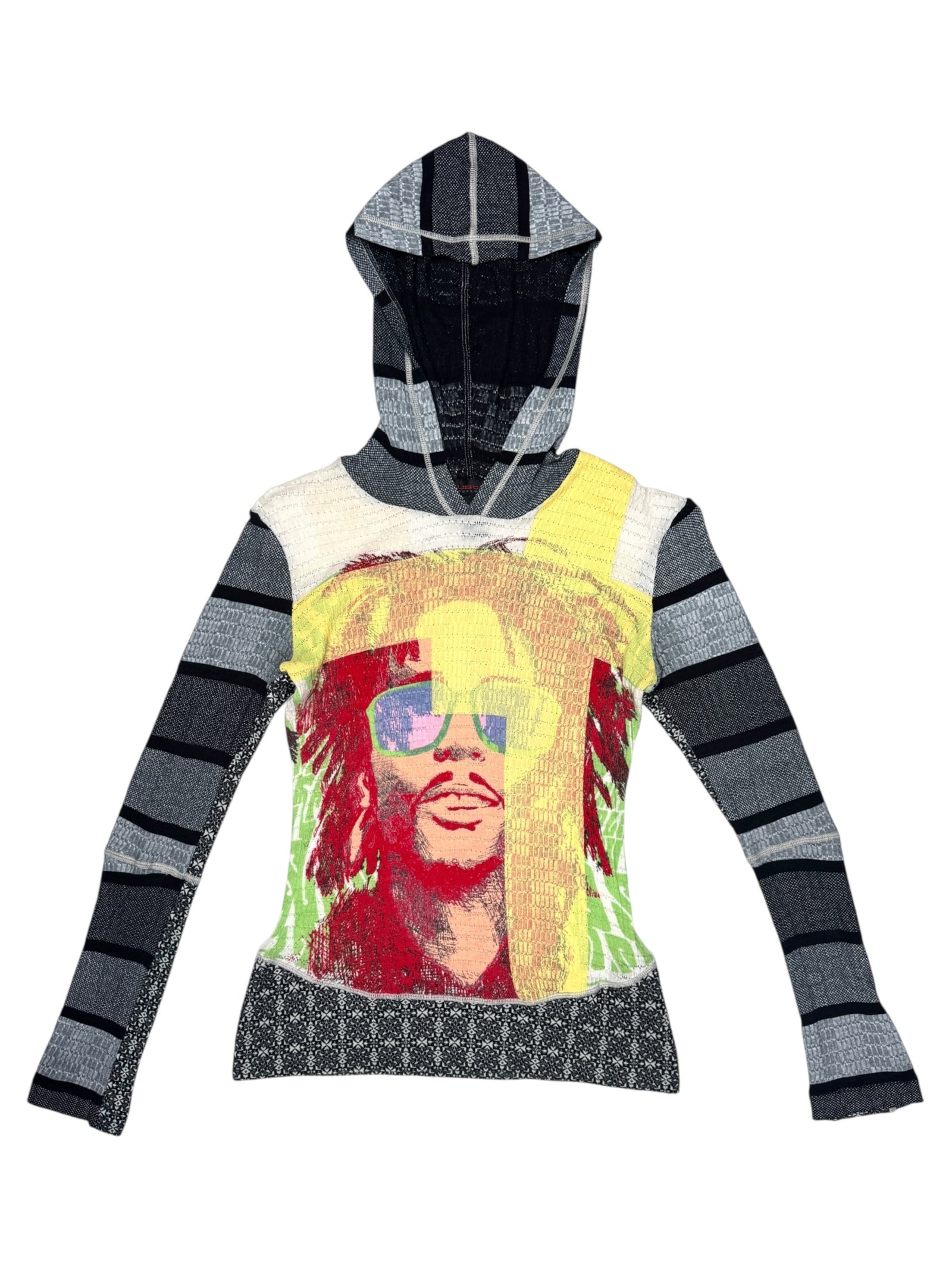 Vintage 2000s Y2K Custo Barcelona Streetwear Fitted Abstract Multicoloured Graphic Hooded Long Sleeve Shirt | Size S