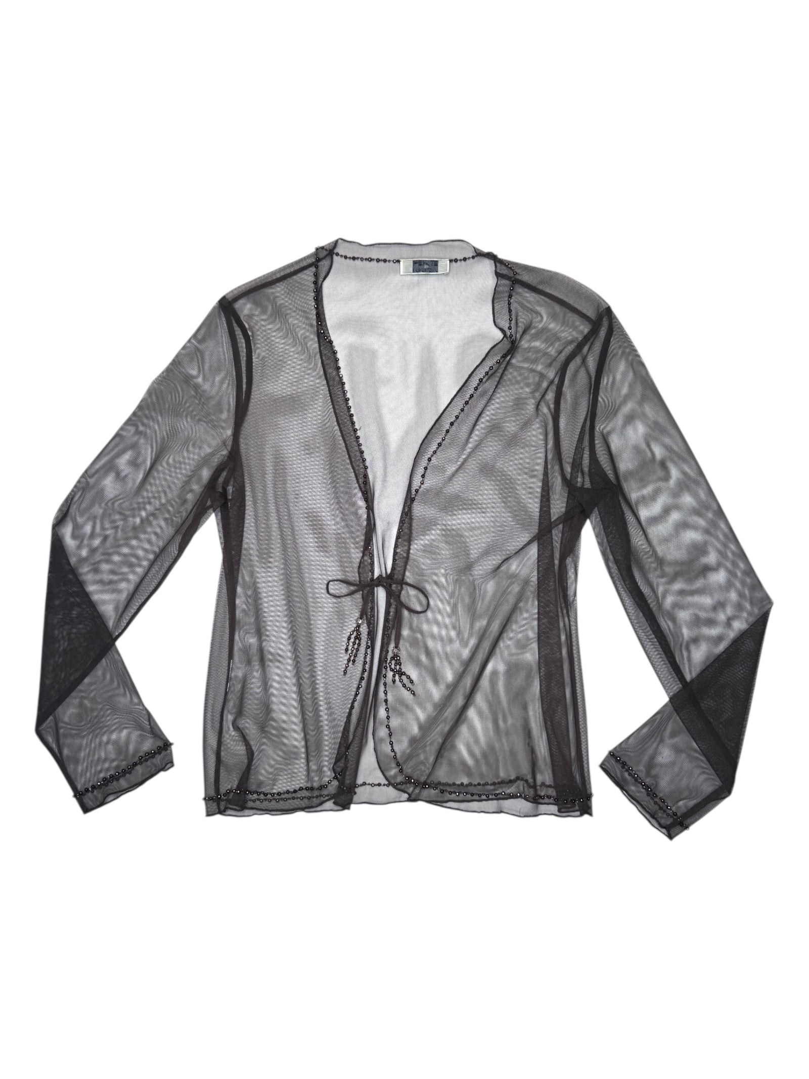 Vintage 2000s KRIZIA Brown Long Sleeve Sheer Mesh Top with Beaded Tie | Size L