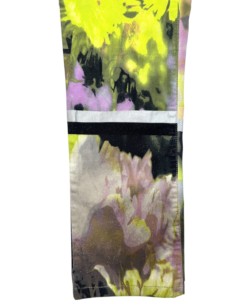 Vintage 2000s Y2K Just Cavalli Bohemian Grunge Mid-Rise Bright Green & Purple Abstract Floral Straight Leg Glitter Jeans | 28 Inch Waist