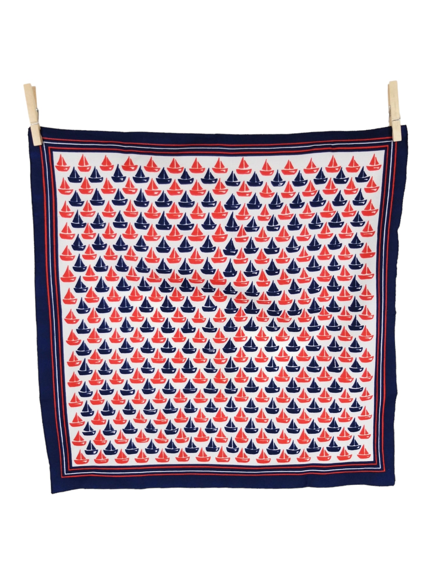 Vintage 60s Mod Nautical Bright Red & Blue Sailboat Print Small Square Bandana Neck Tie Scarf