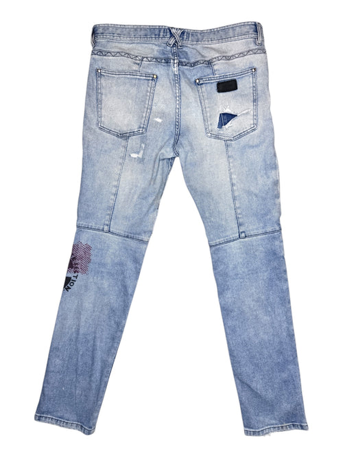 Vintage 2000s CAVALLI Men’s Mid-Rise Distressed Light Wash Denim Jeans With Screenprint & Zipper Details | 34.5 Inch Waist