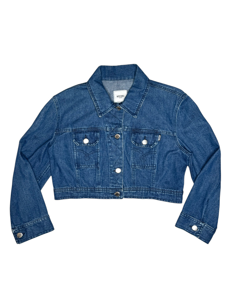 Vintage 2000s Y2K Moschino Jeans Cropped Blue Medium Wash Collared Button Down Denim Jacket | Size M-L