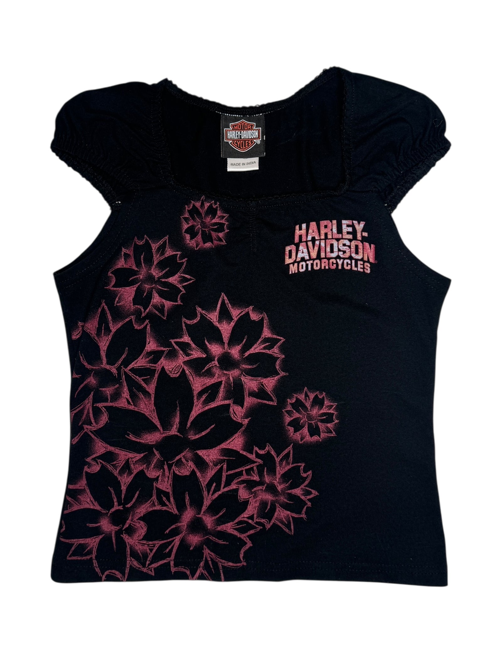 Vintage 2000s Harley Davidson Black & Pink Floral Logo Puff Cap Sleeve Tank Top | Size XS