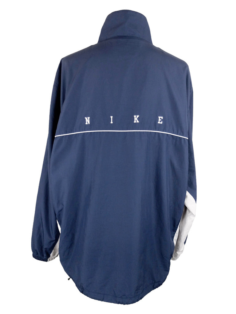 Vintage 90s Nike Men's Athletic Gorpcore Spellout Dark Navy Blue High Roll Neck Zip Up Windbreaker Shell Jacket | Men’s Size XXL