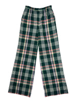 Vintage 70s Mod Bohemian Hippie High Waisted Wool Green & Pink Tartan Check Print Wide Leg Trousers | 26 Inch Waist