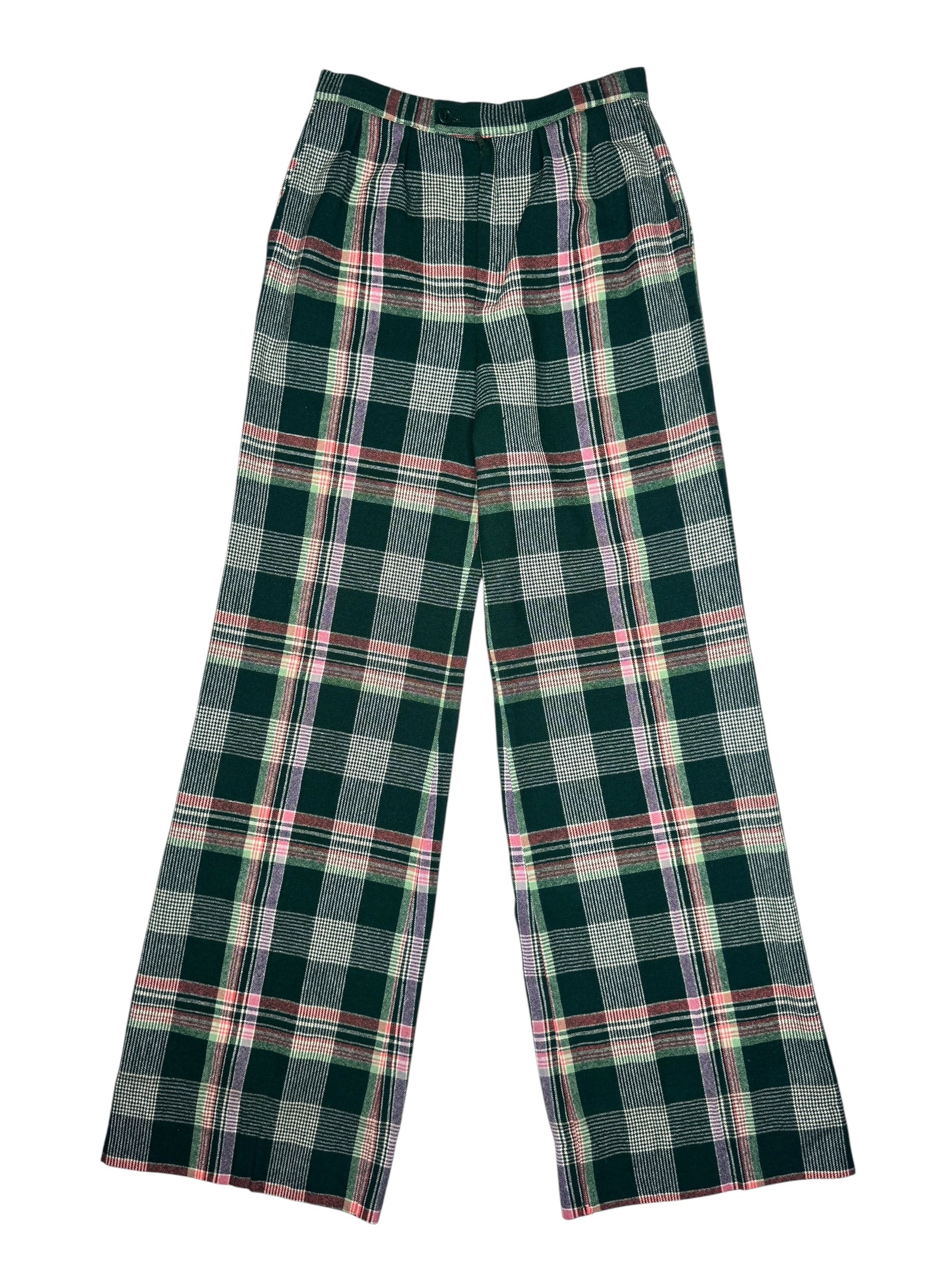 Vintage 70s Mod Bohemian Hippie High Waisted Wool Green & Pink Tartan Check Print Wide Leg Trousers | 26 Inch Waist