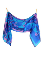 Vintage 90s does 60s Silk Mod Hippie Psychedelic Abstract Print Blue & Purple Long Wide Shawl Wrap Neck Scarf