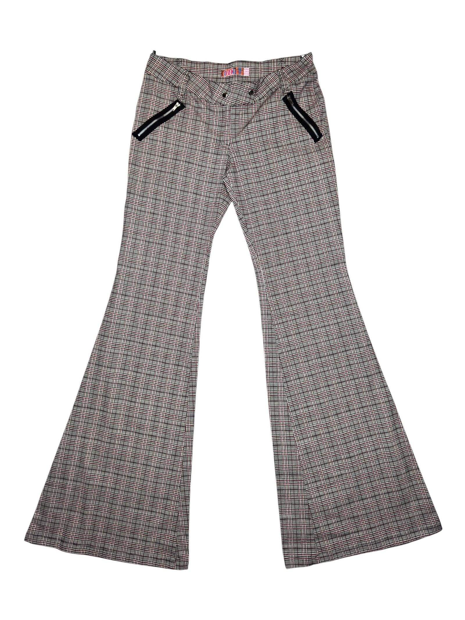 Vintage 2000s Low Rise Red Black & White Tartan Plaid Flared Bell Bottom Trousers | Size S-M