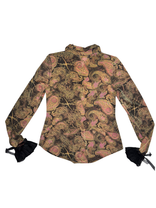 Vintage 90s BIONDA FRAGOLA Glitter Mesh Brown Pink & Gold Paisley Long Sleeve Button Up Shirt with Organza Tie Cuffs | Size S