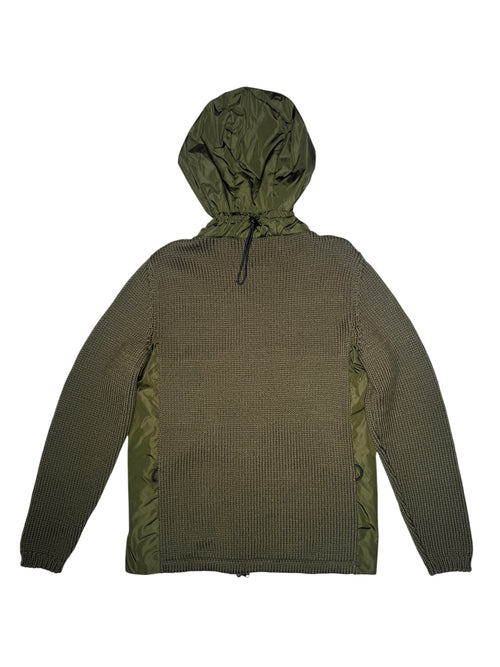 Vintage 2000s Y2K Prada Subversive Gorpcore Wool & Nylon Moss Green Double Zip Up Hooded Knit Sweater | Women’s Size M