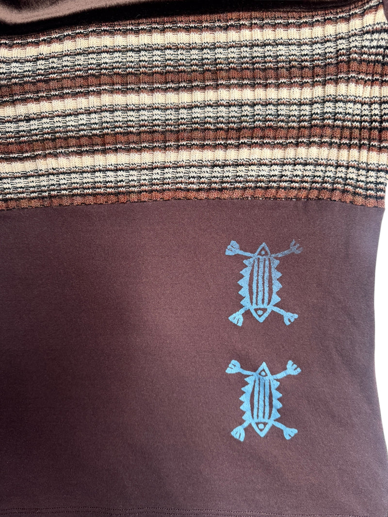 Vintage 2000s Y2K Save the Queen Brown Velvet & Knit Striped Floral Embroidered Long Sleeve Scoop Neck Top | Size M