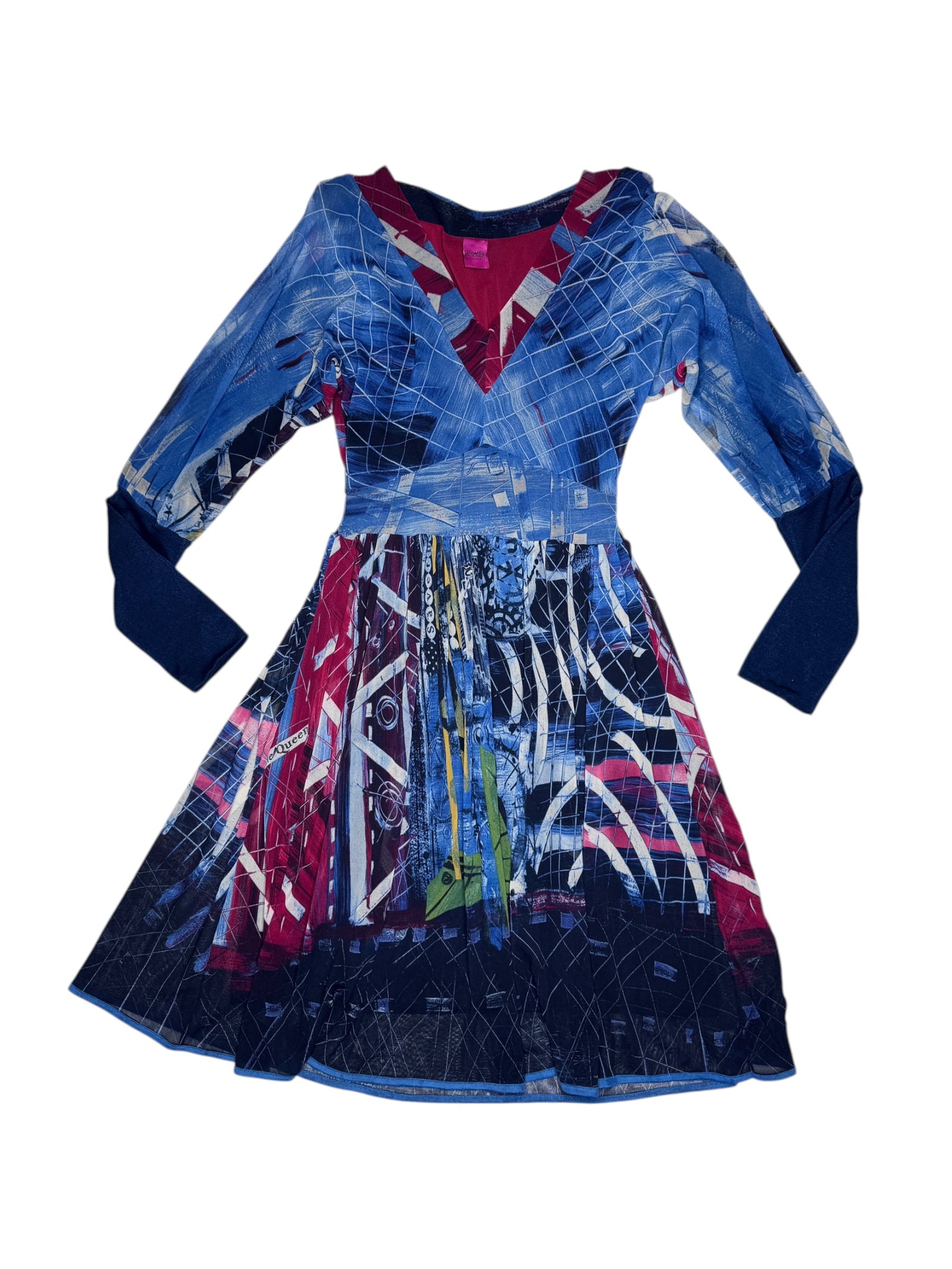 Vintage 2000s SAVE THE QUEEN Long Sleeve Blue Multicolored Abstract Mesh Midi Dress | Size L