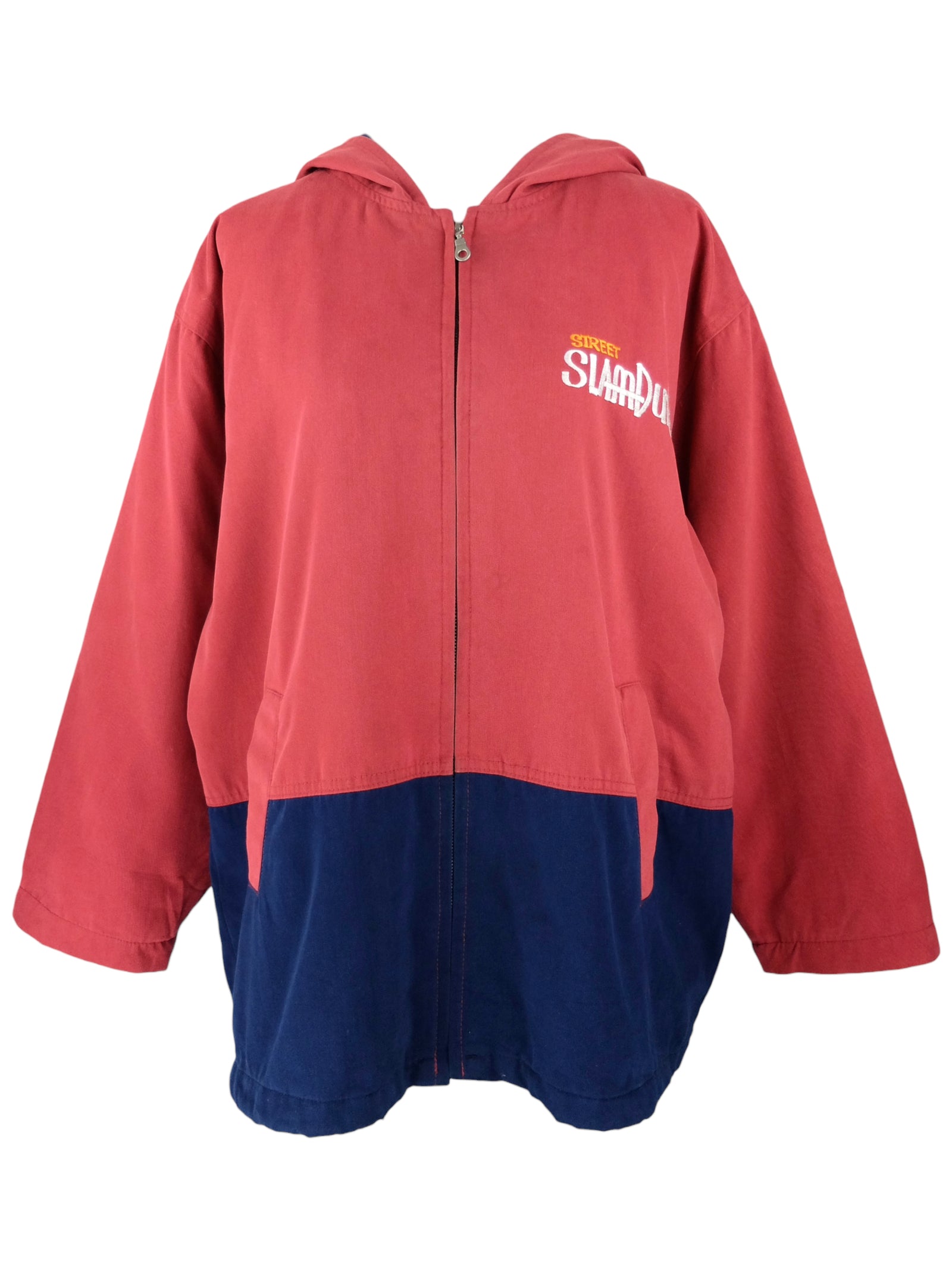 Vintage 90s Y2K Streetwear Hip Hop Style Sports Red & Navy Blue Colourblocked Hooded Zip Up Jacket | Men’s Size 3XL