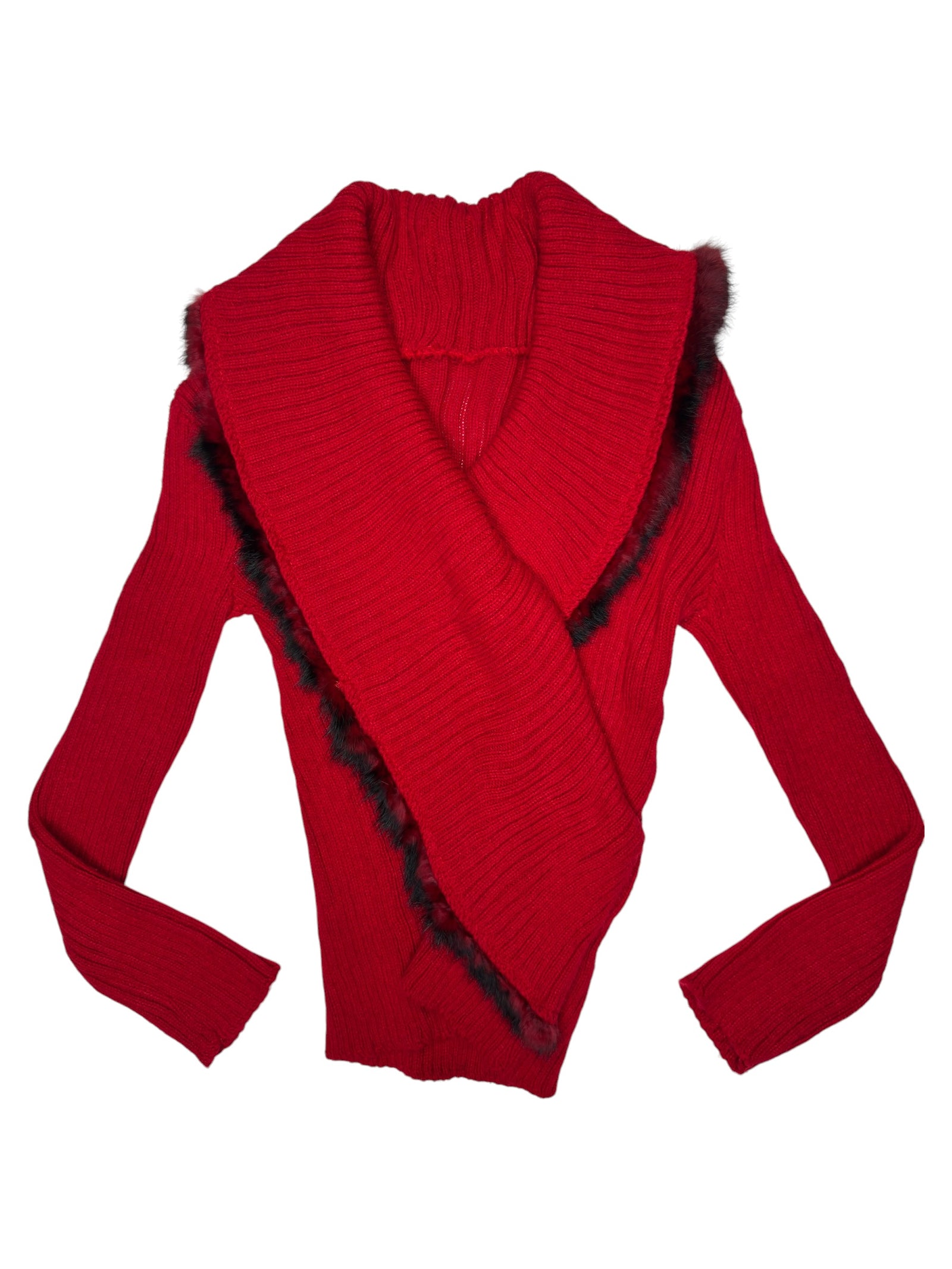 Vintage 2000s Wool Blend Red Stretchy Knit Wrap Ribbed Sweater with Fur Trim | Size S