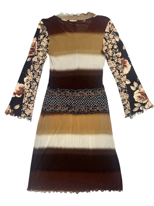 Vintage 2000s Y2K Brown Floral & Striped Mesh Midi Dress With Knit Long Sleeves | Size M