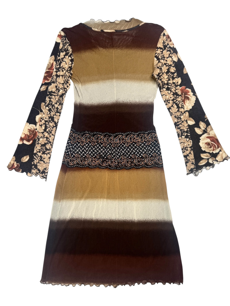 Vintage 2000s Y2K Brown Floral & Striped Mesh Midi Dress With Knit Long Sleeves | Size M