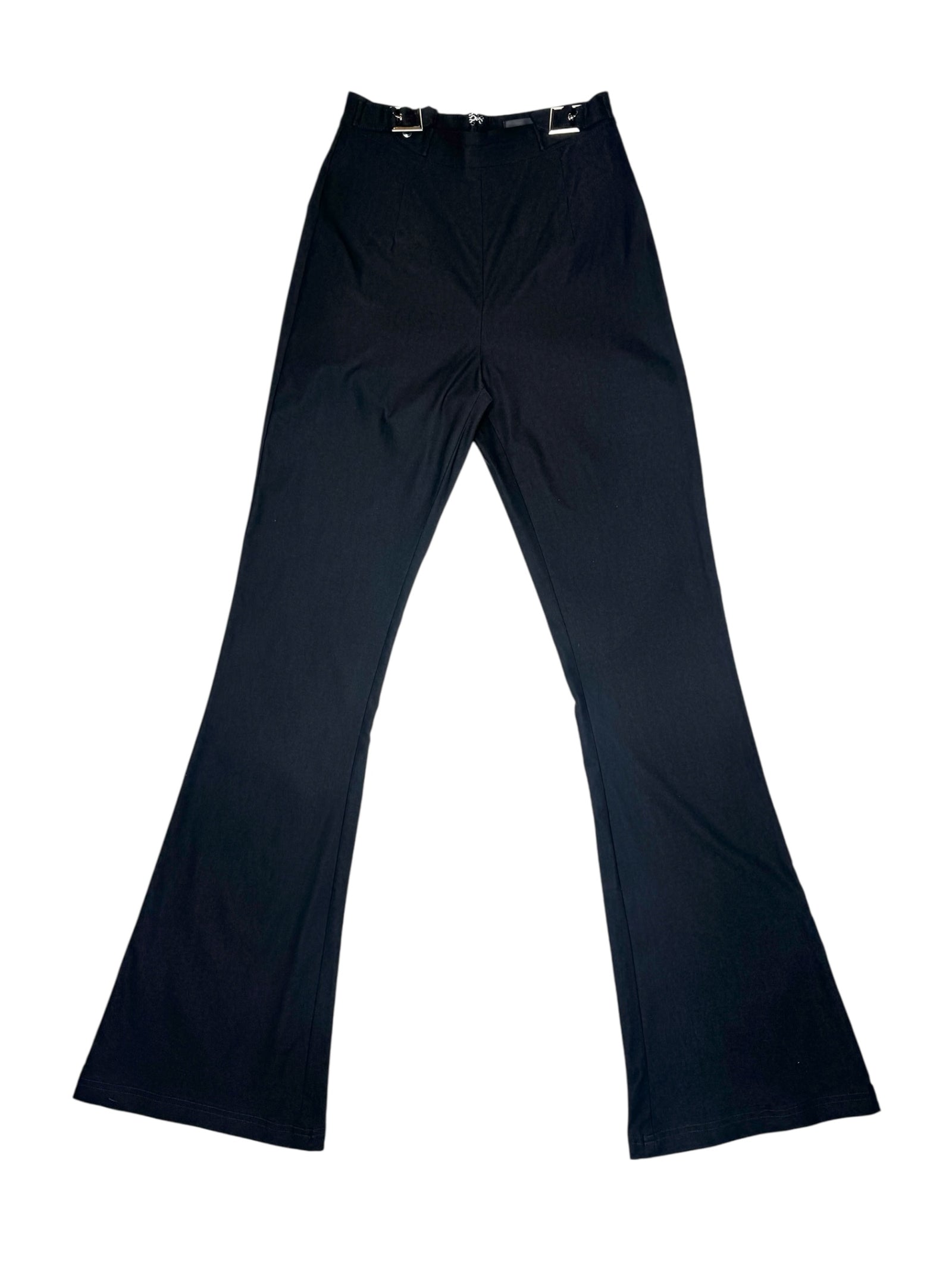 Black High Waisted Bootcut Flared Extra Long Black Trousers with Buckle Detail | Size S