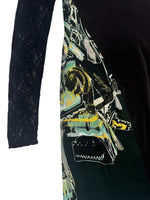 Vintage 2000s Y2K Save The Queen Dark Green & Black Abstract Print Above-the-Knee Long Sleeve Mini Dress with Lace Detail | Size L