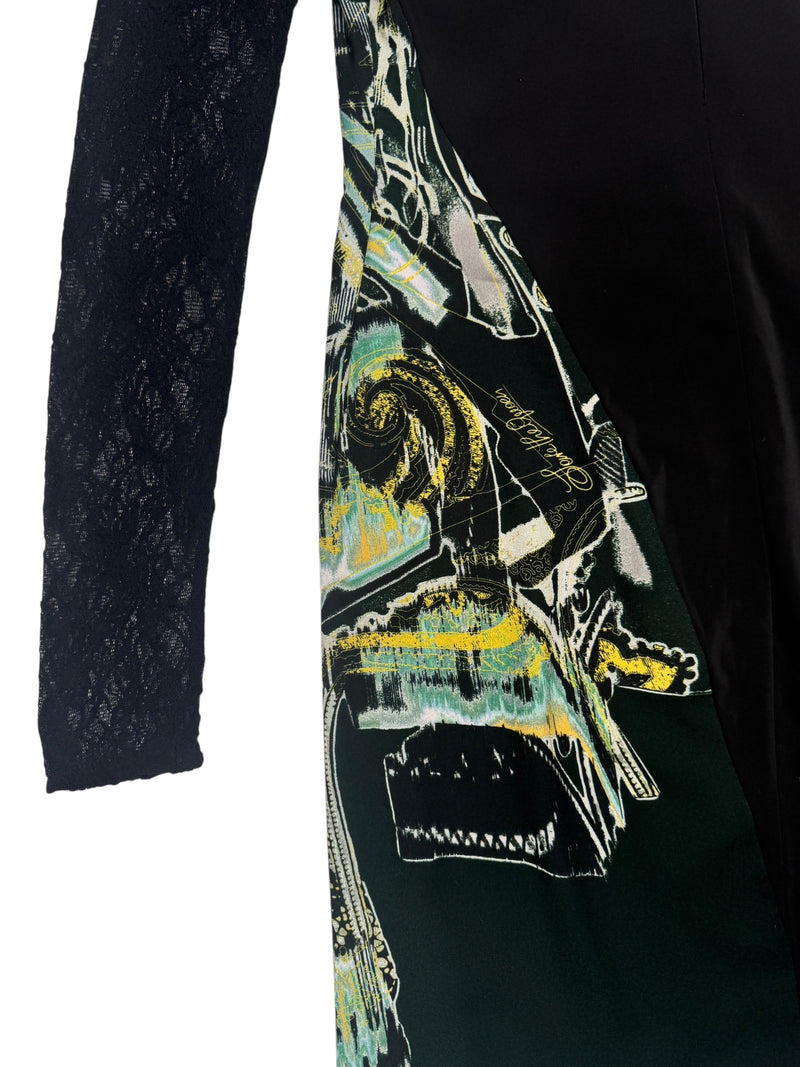 Vintage 2000s Y2K Save The Queen Dark Green & Black Abstract Print Above-the-Knee Long Sleeve Mini Dress with Lace Detail | Size L