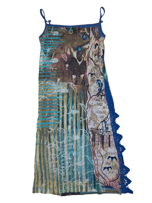 Vintage 2000s SAVE THE QUEEN Blue Abstract Mesh Midi Tank Dress | Size M
