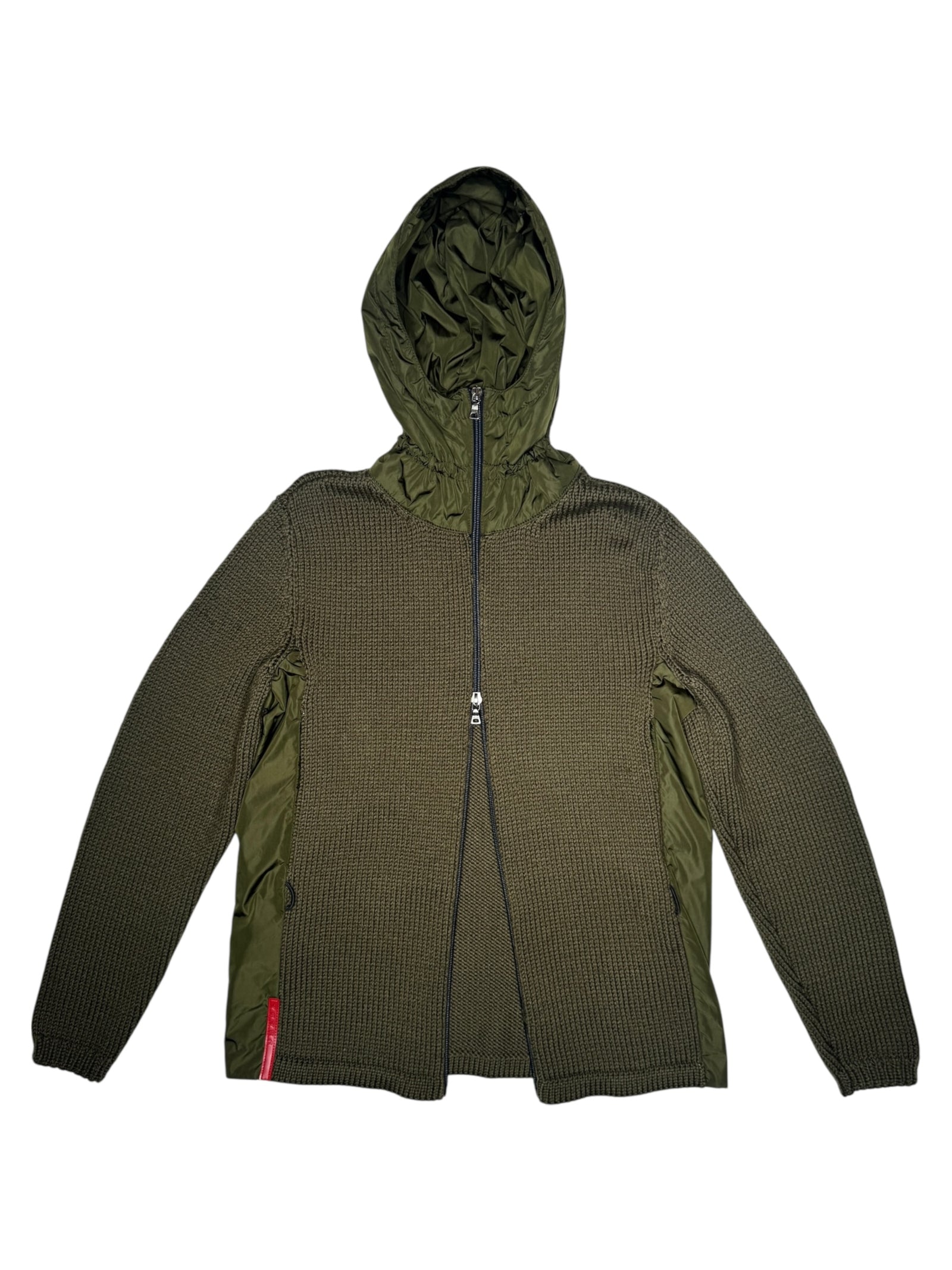 Vintage 2000s Y2K Prada Subversive Gorpcore Wool & Nylon Moss Green Double Zip Up Hooded Knit Sweater | Women’s Size M