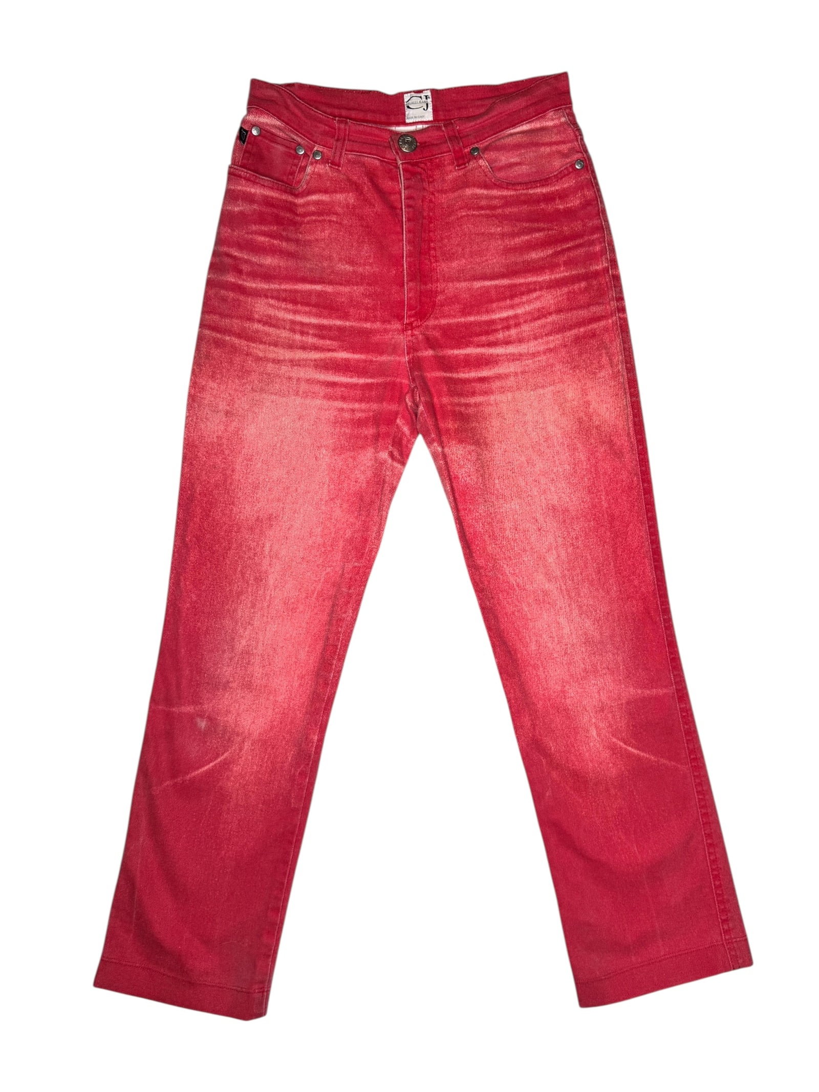Vintage 2000s Cavalli Coral Red Denim High Waisted Faded Straight Leg Jeans | 26 Inch Waist