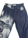 Vintage 2000s High Waisted Abstract Graphic Blue & White Tribal Patterned Straight Leg Jeans | 28 Inch Waist