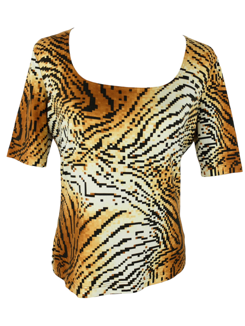 Vintage 2000s Y2K Escada Designer Digital Cyber Tiger Animal Print Scoop Neck Half Sleeve T-Shirt Blouse | Size M