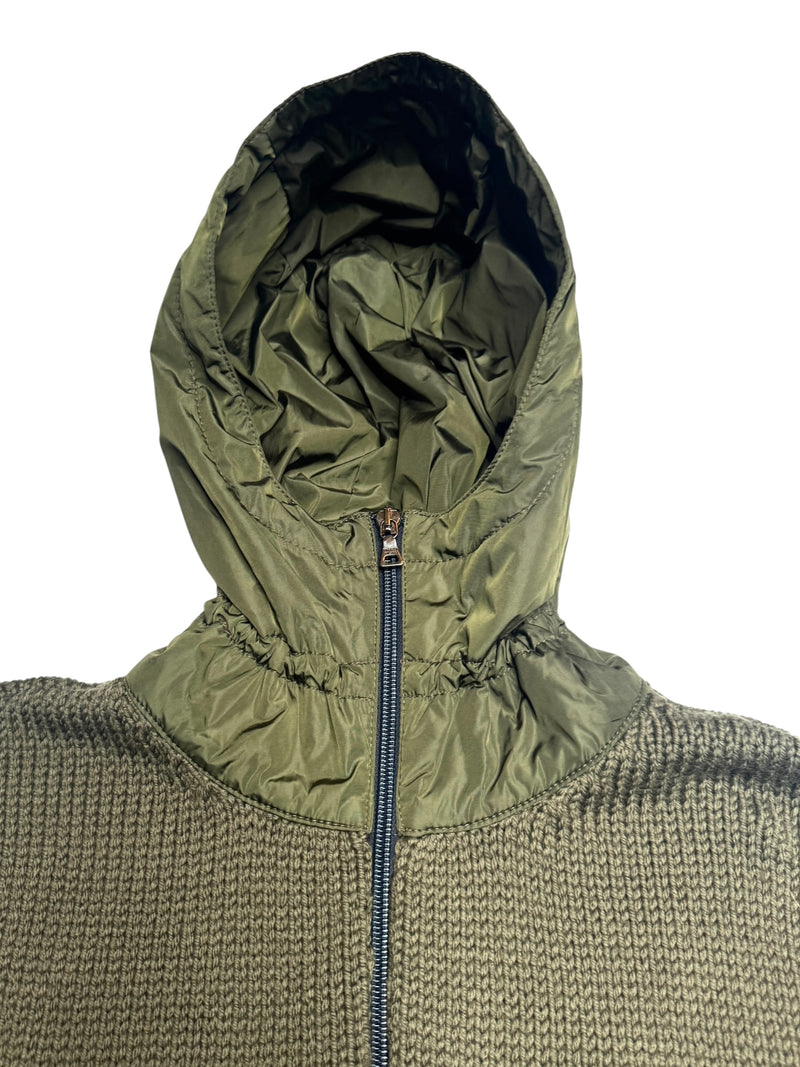 Vintage 2000s Y2K Prada Subversive Gorpcore Wool & Nylon Moss Green Double Zip Up Hooded Knit Sweater | Women’s Size M
