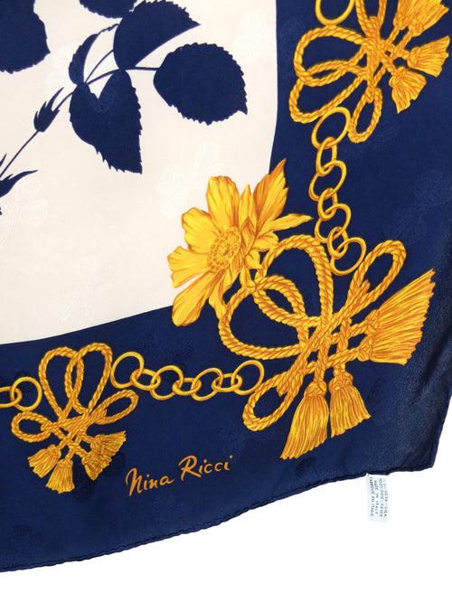 Vintage 90s Nina Ricci Silk Chic Avant Garde Dark Navy Blue White & Gold Floral Chain Patterned Large Square Bandana Neck Tie Scarf with Hand-Rolled Hem