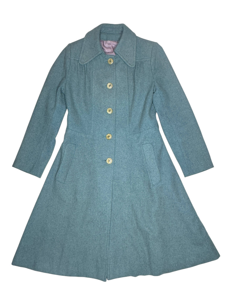 Vintage 60s Mod Preppy Blue Wool Collared Button Down Fitted Trench Coat | Size S