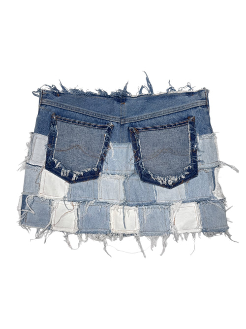 Vintage 2000s Low Rise Blue Denim Distressed Patchwork Jean Mini Skirt | Size S