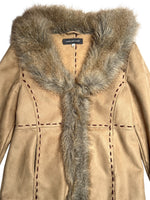 Vintage 2000s Y2K Bohemian Hippie Tan Faux Fur Trim Velour Button Down Winter Jacket Coat | Size L