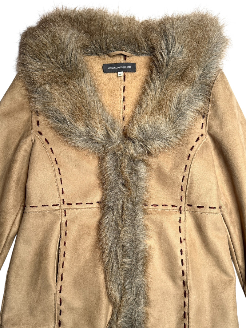 Vintage 2000s Y2K Bohemian Hippie Tan Faux Fur Trim Velour Button Down Winter Jacket Coat | Size L