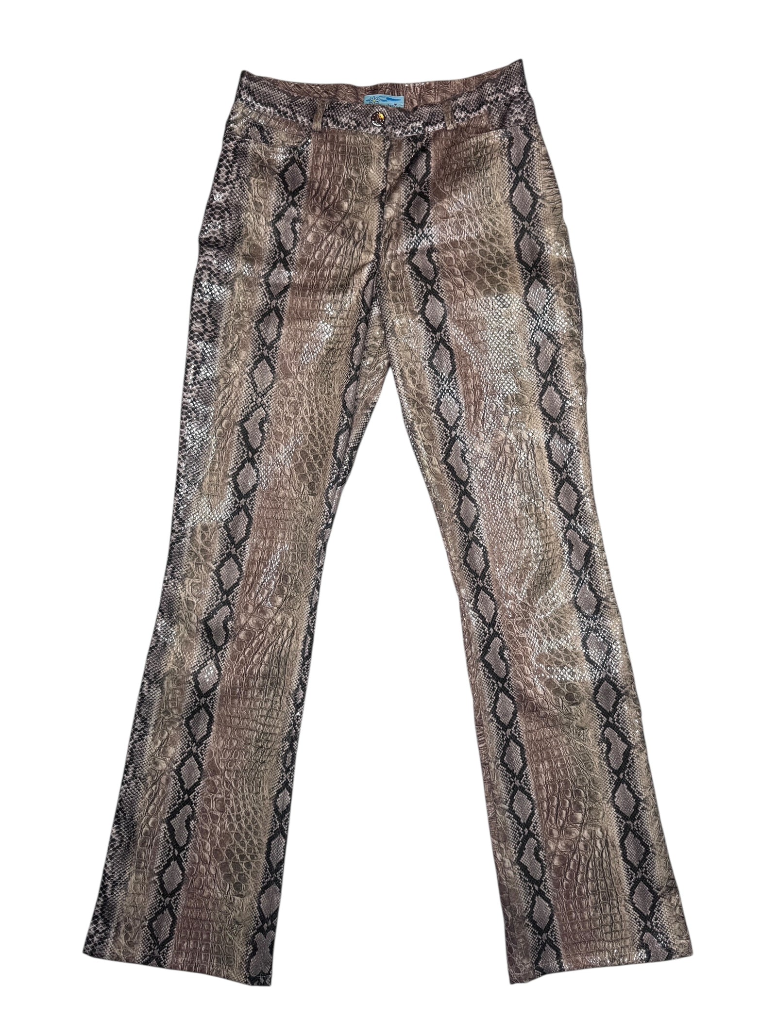 Vintage 2000s MISS BLUMARINE Mid-Rise Brown Snakeskin Print Shiny Bootcut Pants | Size S