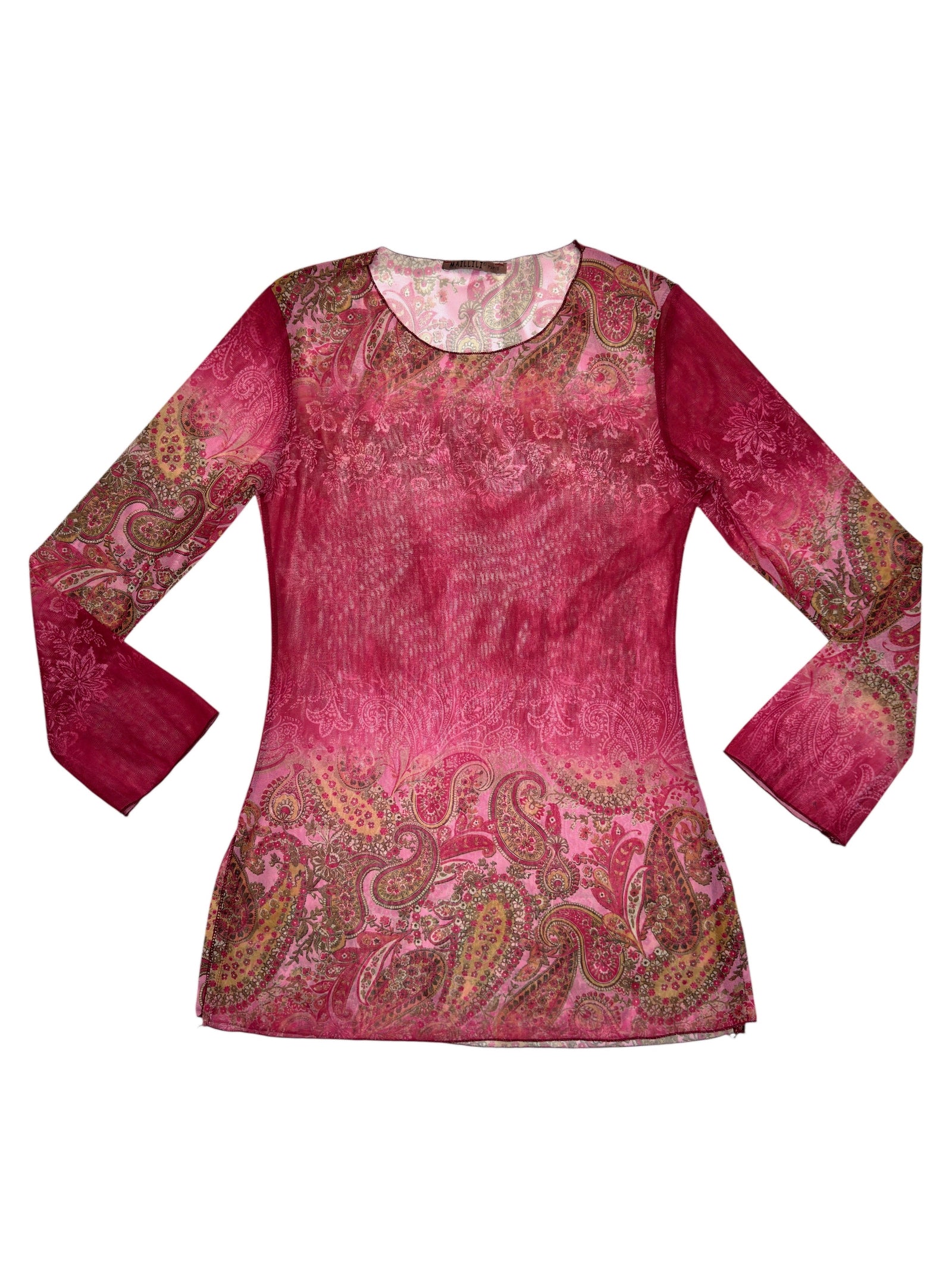 Vintage 2000s Y2K Pink Paisley Print Ombre Mesh Long Sleeve Tunic Top | Size M