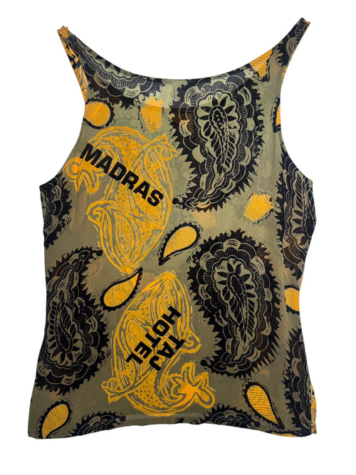 Vintage 2000s Y2K Trussardi Green & Yellow Paisley Graphic Print Sleeveless Chiffon Tank Top | Size M