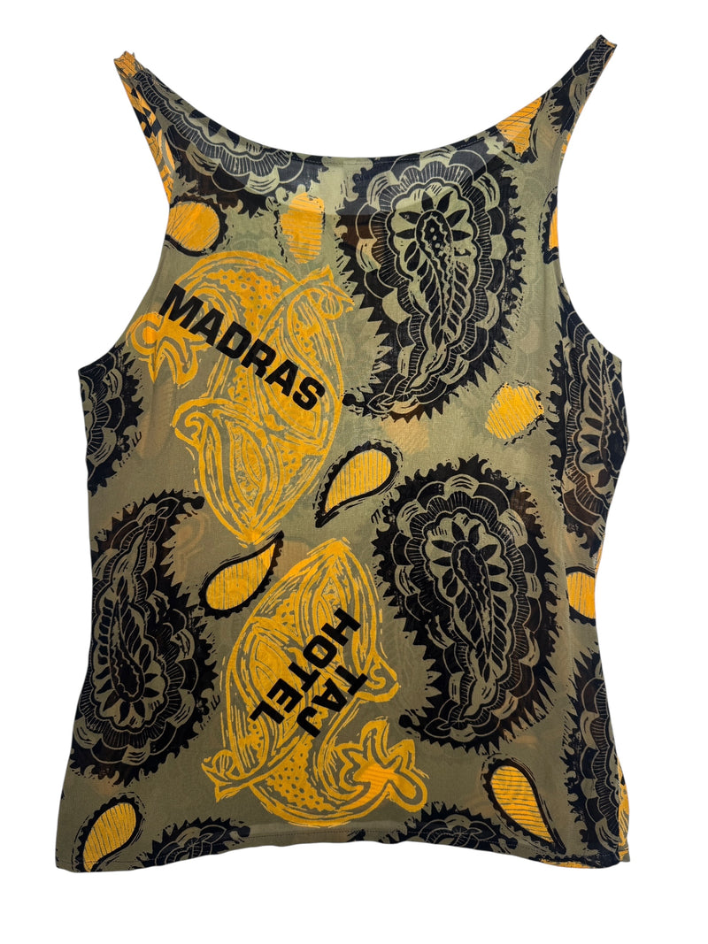 Vintage 2000s Y2K Trussardi Green & Yellow Paisley Graphic Print Sleeveless Chiffon Tank Top | Size M