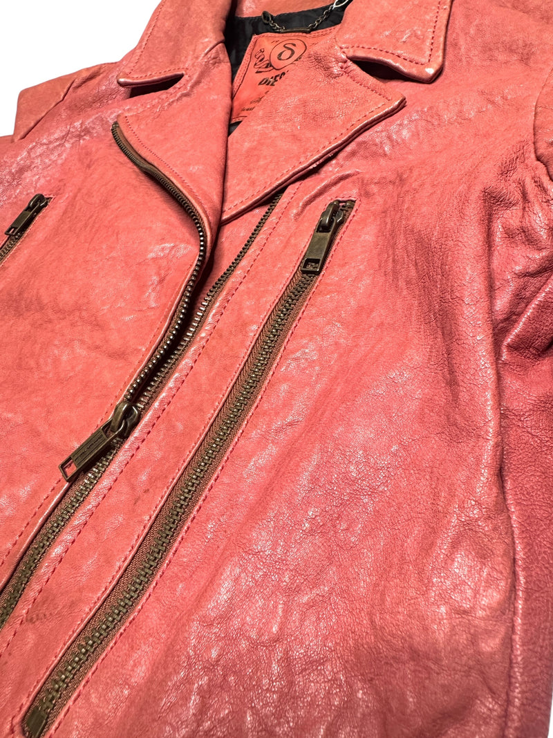 Vintage 2000s Y2K Diesel Grunge Coral Orange Zip Up Moto Leather Jacket with Corset Back Lace Detail | Size M