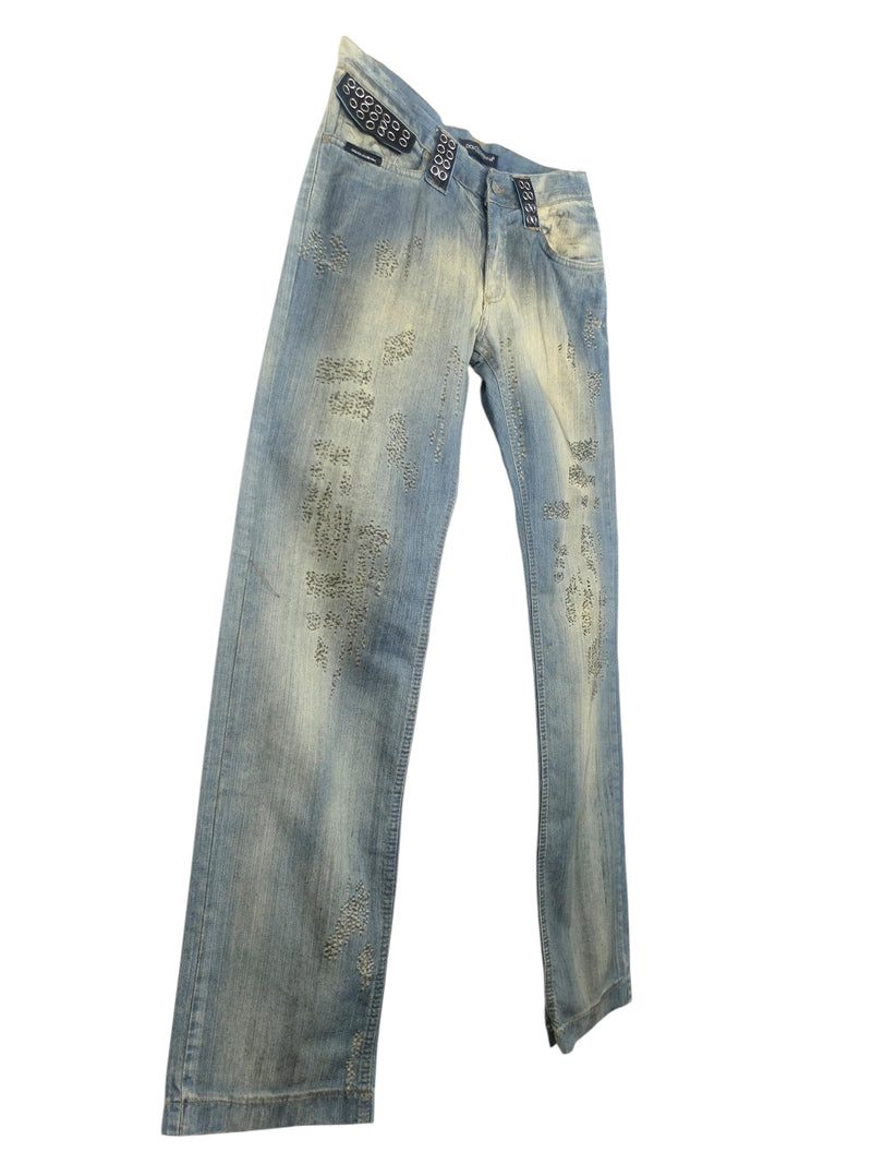 Vintage 2000s Y2K Dolce & Gabbana Deadstock Light Wash Abstract Patterned Jeans with Black Patchwork Grommet Detail | 30-31 Inch Waist