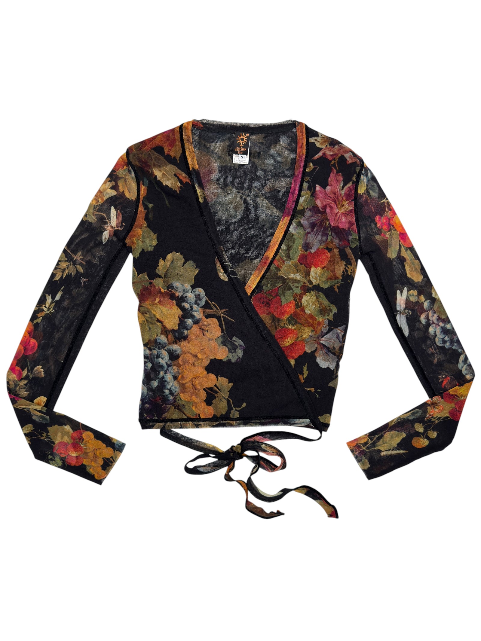 Vintage 90s JEAN PAUL GAULTIER SOLEIL Mesh Black Floral Wrap Long Sleeve Top with Waist Tie | Size S