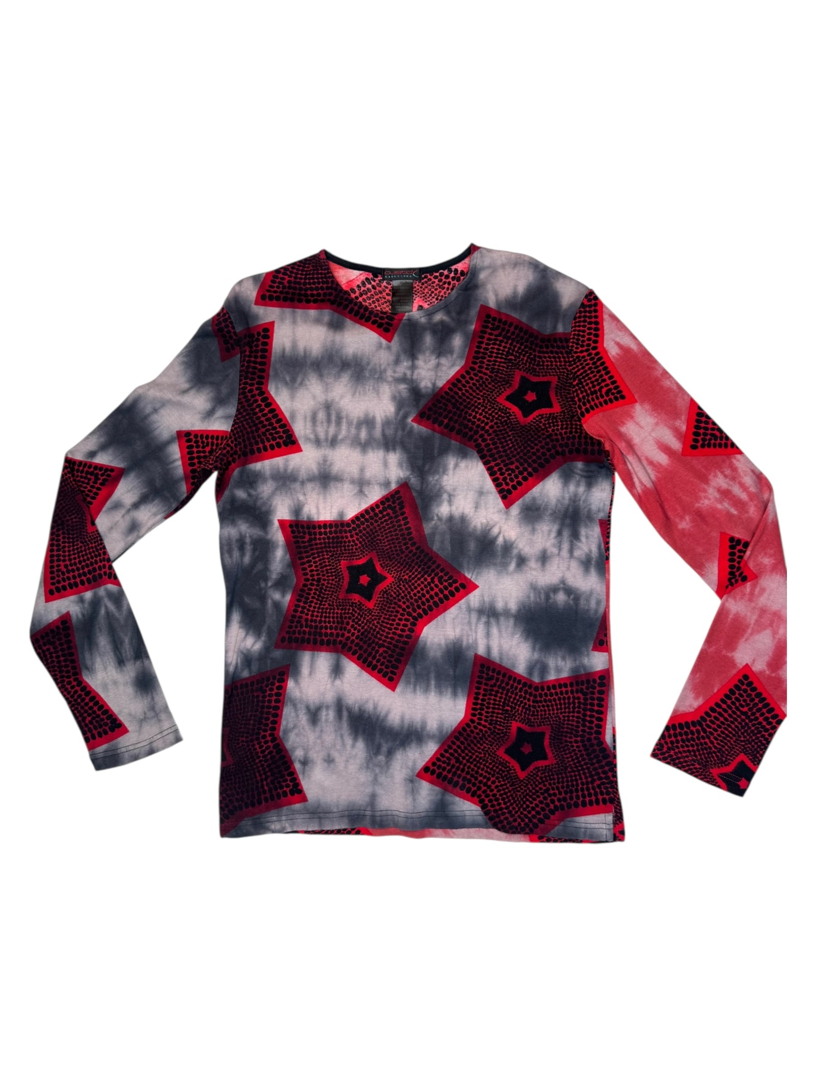Vintage 2000s Custo Barcelona Abstract Red & Grey Tie Dye Stars Long Sleeve Shirt | Size L