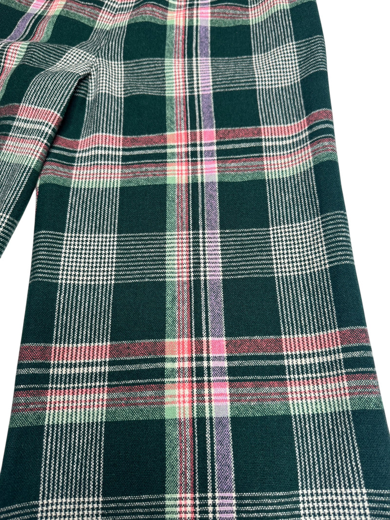 Vintage 70s Mod Bohemian Hippie High Waisted Wool Green & Pink Tartan Check Print Wide Leg Trousers | 26 Inch Waist