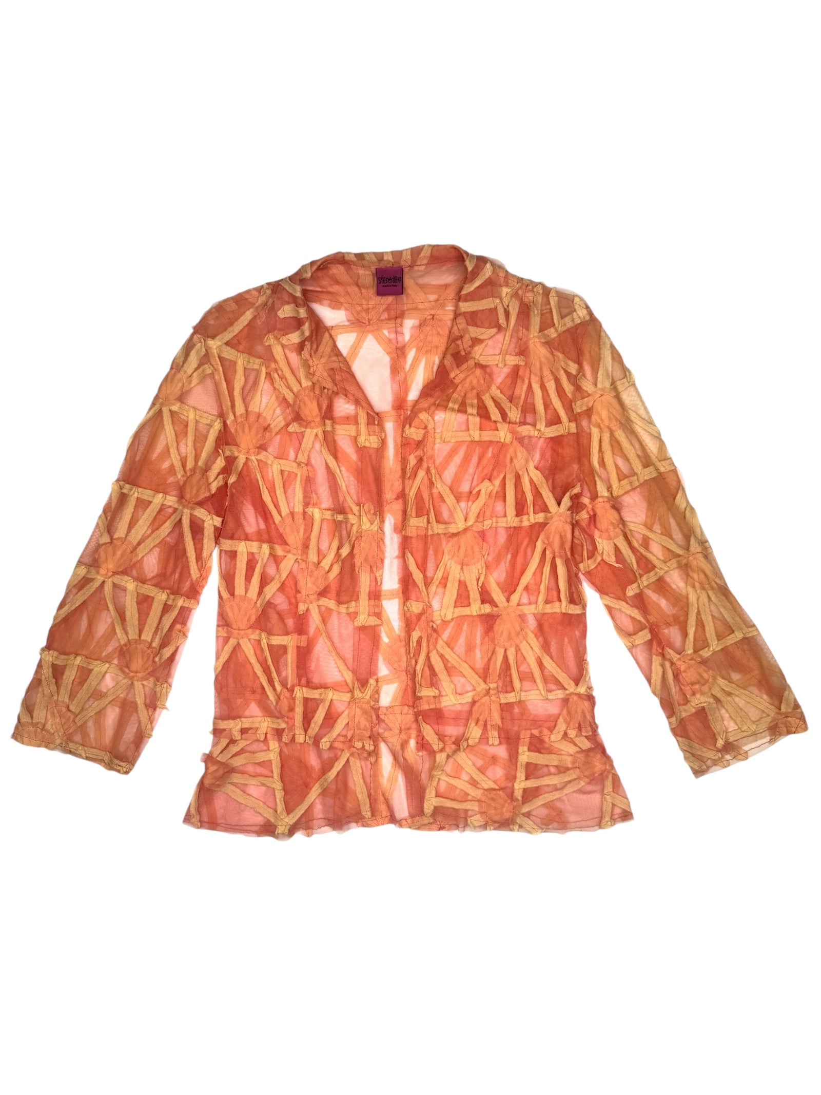 Vintage 2000s Y2K Save The Queen Orange Abstract Lightweight Mesh Patchwork Summer Blazer Jacket | Size S