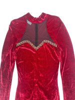 Vintage 80s Rocco Barocco Red Velvet Mockneck Long Sleeve Formal Dress with Mesh Cutout | Size XL